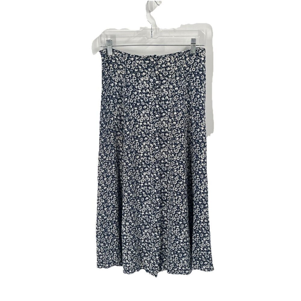 Liz Sport Floral Button Midi Skirt Blue Cottagecore Granny 90s Sz 10 Petite